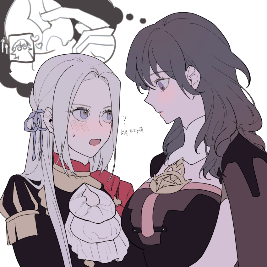 2girls ascot b_(wldms6650) black_dress black_jacket blush breast_pocket byleth_(female)_(fire_emblem) byleth_(fire_emblem) cape cleavage_cutout clothing_cutout commentary_request dress edelgard_von_hresvelg fire_emblem fire_emblem:_three_houses hair_ribbon heart highres imagining jacket korean_text looking_at_breasts multiple_girls open_mouth parted_lips pocket purple_eyes purple_hair purple_ribbon red_cape ribbon simple_background sweatdrop translation_request upper_body white_ascot white_background white_hair yuri