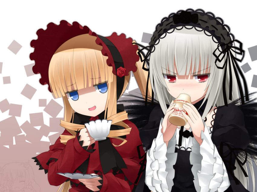 :d blonde_hair blue_eyes blush bonnet bow cup dress drill_hair flower frills hairband haribote_(tarao) kirakishou lolita_fashion long_hair multiple_girls open_mouth red_eyes rozen_maiden shinku silver_hair smile suigintou teacup when_you_see_it wings yakult