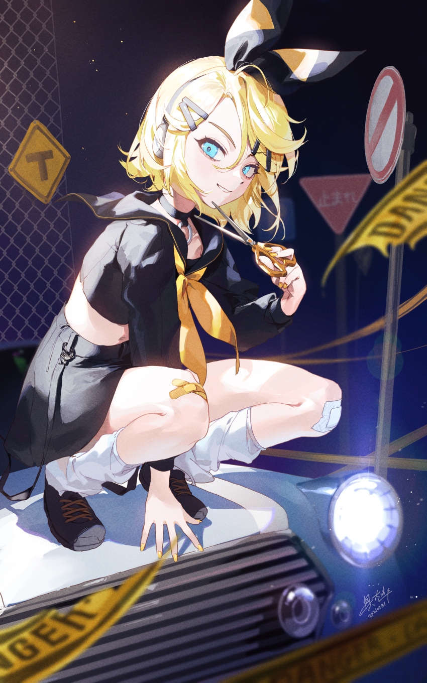 1girl absurdres baekryang baggy_socks bandaid bandaid_on_knee bandaid_on_leg black_shirt blonde_hair blue_eyes bow car caution_tape choker commentary crop_top hair_bow hair_ornament hairclip headlight headphones highres holding holding_scissors kagamine_rin light_particles looking_at_viewer midriff motor_vehicle navel neckerchief no_entry_sign o-ring o-ring_choker rettou_joutou_(vocaloid) road_sign sailor_collar school_uniform scissors shirt short_hair sign skirt smile solo squatting vocaloid