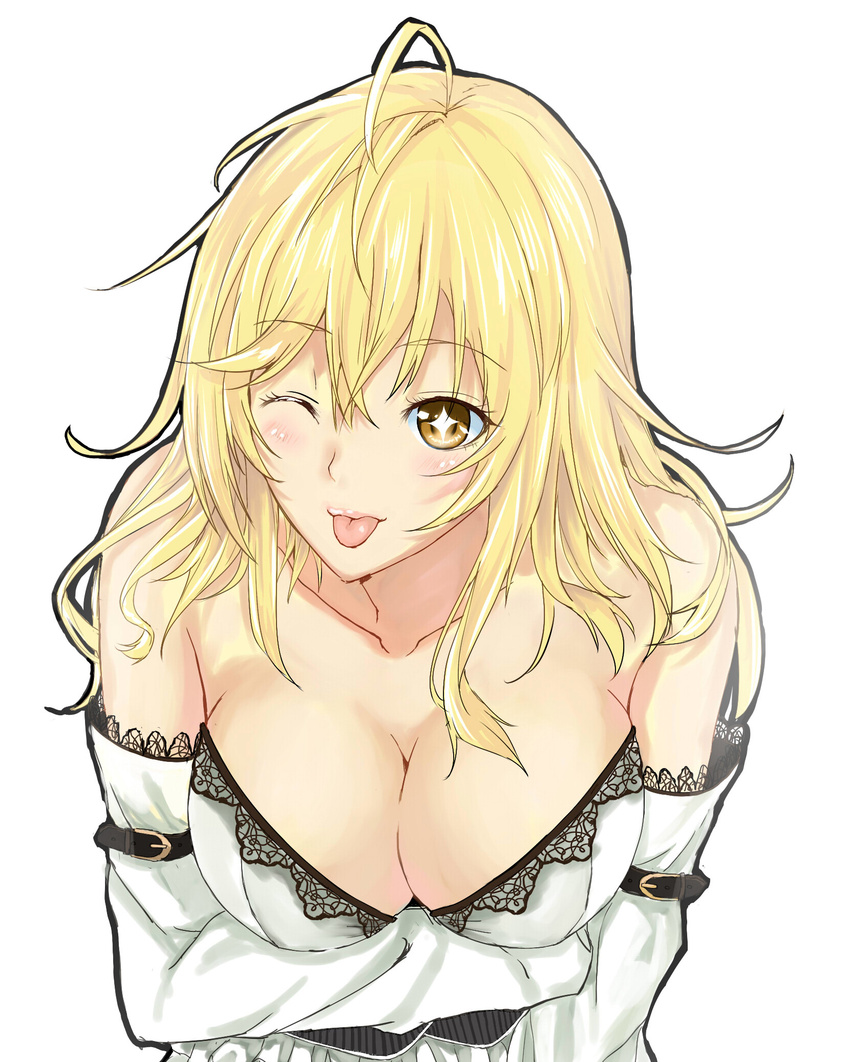1girl ;p bad_id bad_pixiv_id bare_shoulders blonde_hair breast_lift breasts cleavage collarbone crossed_arms highres large_breasts off_shoulder one_eye_closed shirt shokuhou_misaki simple_background smile solo to_aru_kagaku_no_railgun to_aru_majutsu_no_index tongue tongue_out upper_body wenhe white_background yellow_eyes