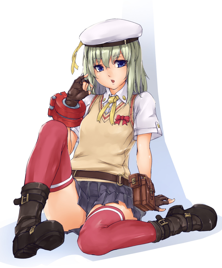 afurichin arm_support belt_pouch black_gloves blue_eyes bow erina_der_vogelweid fingerless_gloves gloves god_eater god_eater_2:_rage_burst green_hair hat highres mary_janes open_mouth pleated_skirt pouch red_legwear sailor_hat school_uniform serafuku shoes sitting sketch skirt socks solo sweater_vest thighhighs thighs
