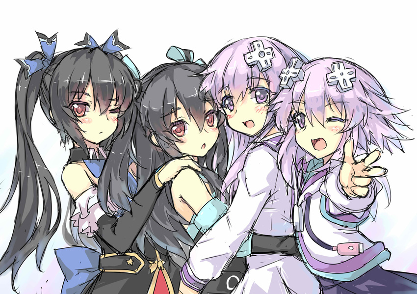 bad_id bad_pixiv_id bare_shoulders black_hair blush d-pad d-pad_hair_ornament detached_sleeves elbow_gloves gloves group_hug hair_ornament hair_ribbon highres hug long_hair long_sleeves looking_at_viewer multiple_girls nepgear neptune_(choujigen_game_neptune) neptune_(series) noire north_abyssor one_eye_closed pointing pointing_at_viewer purple_eyes purple_hair red_eyes ribbon short_hair siblings simple_background sisters sketch smile twintails two_side_up uni_(choujigen_game_neptune) v very_long_hair white_background