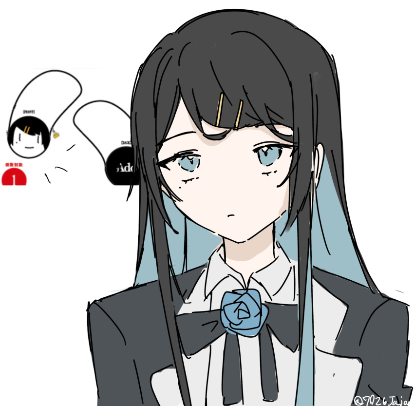 1girl 7026jaja ado_(utaite) bangs_pinned_back black_bow black_bowtie black_coat black_hair blue_eyes blue_flower blue_hair blue_rose bow bowtie chando_(ado) cloud_nine_inc coat collared_shirt colored_inner_hair commentary flower flower_brooch hair_ornament hairpin hashtag_only_commentary highres long_hair mole mole_under_eye multicolored_hair official_alternate_hairstyle open_clothes open_coat reference_inset rose shirt sidelocks simple_background solo twitter_username two-tone_hair upper_body utaite white_background white_shirt