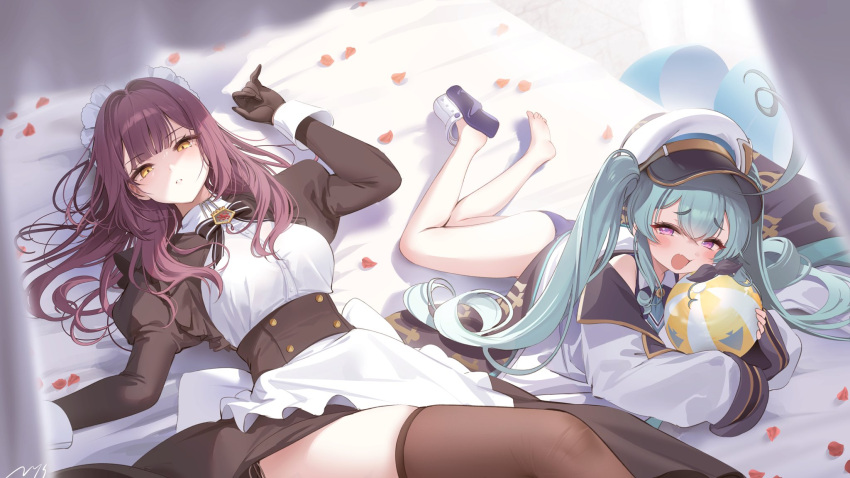 2girls anson_(azur_lane) apron aqua_hair azur_lane black_dress black_gloves black_thighhighs devonshire_(azur_lane) dress fang gloves hand_up hat highres jacket long_hair long_sleeves looking_at_viewer lying maid maid_apron maid_headdress military_hat multiple_girls nys on_back on_stomach one-piece_swimsuit open_mouth parted_lips purple_eyes purple_hair smile swimsuit thighhighs twintails volleyball white_apron white_hat white_jacket wrist_cuffs yellow_background
