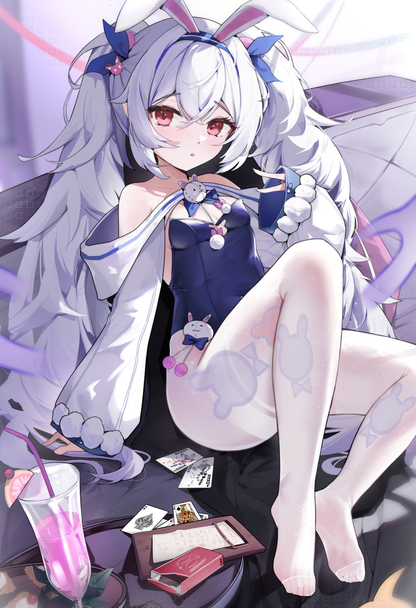 1girl absurdres animal_ears arm_support armpit_crease azur_lane bare_shoulders bilbil22 blue_leotard blue_ribbon breasts card collarbone condom_box crossed_bangs fake_animal_ears feet fine_fabric_emphasis full_body hair_between_eyes hair_ribbon head_tilt highres knees_up laffey_(azur_lane) laffey_ii_(azur_lane) laffey_ii_(sleepy_on_a_busy_day)_(azur_lane) leotard long_hair looking_at_viewer no_shoes okamoto_condoms pantyhose parted_lips playboy_bunny playing_card rabbit_ears receipt red_eyes ribbon sitting sleeves_past_wrists small_breasts soles solo thighband_pantyhose toes tropical_drink twintails very_long_hair white_hair white_pantyhose