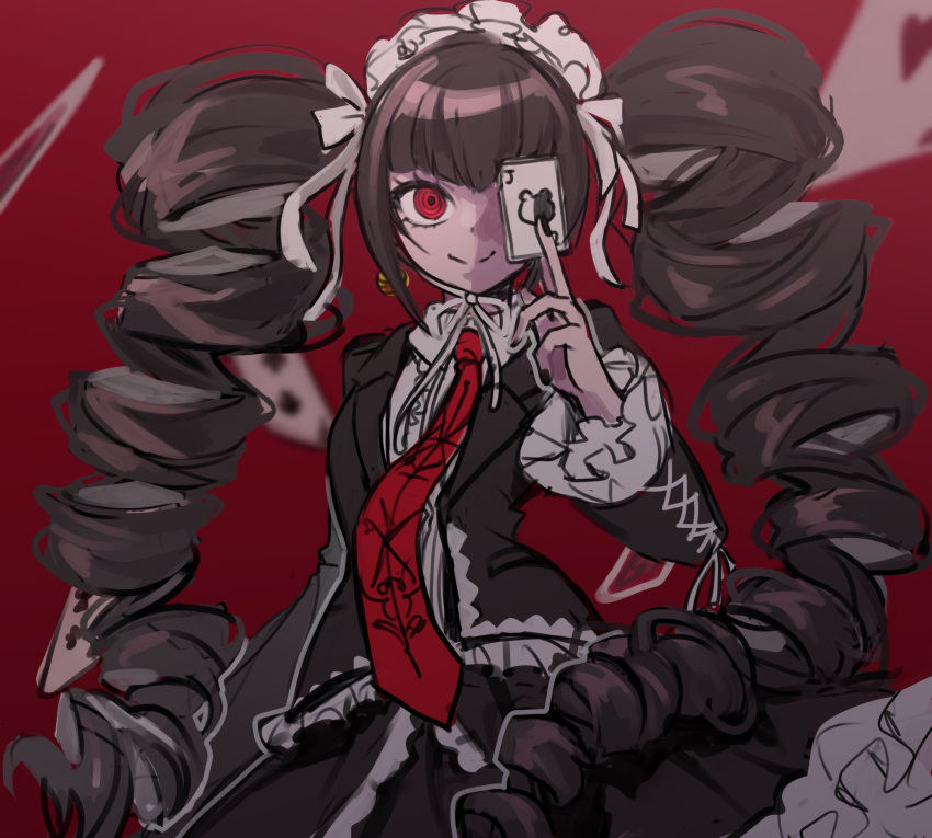 1girl black_jacket black_skirt card celestia_ludenberg closed_mouth danganronpa:_trigger_happy_havoc danganronpa_(series) drill_hair highres holding holding_card hy_(fjvlg) jacket joker_(playing_card) layered_skirt looking_at_viewer monokuma necktie open_clothes open_jacket playing_card print_necktie red_background red_eyes red_necktie skirt smile solo twin_drills twintails