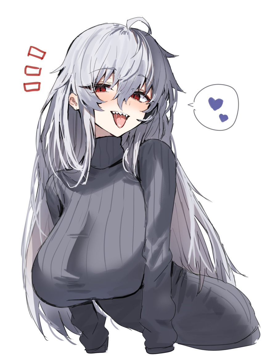 1girl ahoge alternate_costume arknights breasts commentary_request grey_sweater heart highres horn/wood large_breasts long_sleeves looking_at_viewer ribbed_sweater sharp_teeth simple_background smile solo specter_(arknights) spoken_heart sweater teeth tongue tongue_out turtleneck turtleneck_sweater white_background