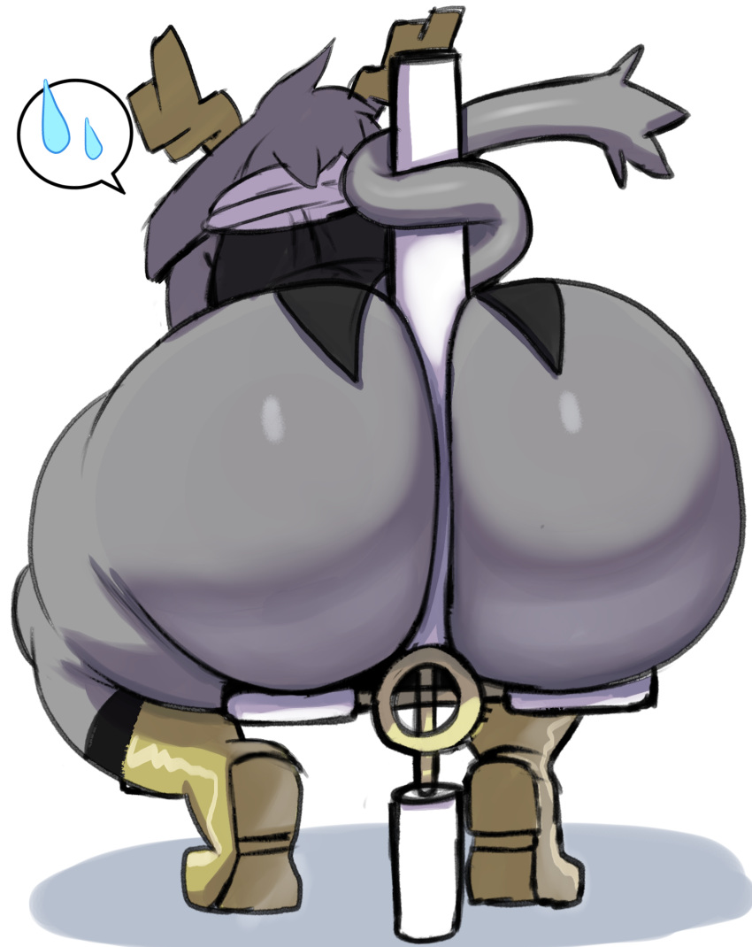 2023 2_horns anthro antlers armor big_butt biped bodily_fluids boots bottom_heavy bottomless butt butt_focus clothed clothing crouching female footwear fur grey_body grey_fur hi_res horn huge_butt huge_thighs inuzu jackalope lagomorph mammal melee_weapon neckwear object_between_cheeks pole_between_cheeks pseudoregalia rear_view simple_background solo speech_bubble sweat sweatdrop sybil_(pseudoregalia) tail tail_around_pole thick_thighs topwear weapon white_background wide_hips