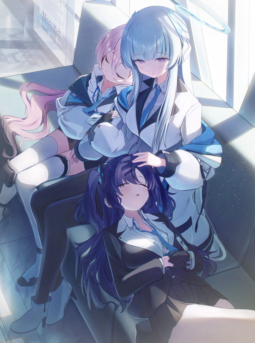 3girls absurdres arm_hug black_pantyhose blazer blue_archive blue_hair blue_necktie closed_eyes closed_mouth commentary couch day halo higashigure highres jacket koyuki_(blue_archive) lap_pillow leaning_on_person light_rays long_hair mechanical_halo multiple_girls necktie noa_(blue_archive) on_couch pantyhose parted_lips pink_hair purple_eyes purple_hair school_uniform sitting sleeping sleeping_on_person smile sunbeam sunlight thighhighs white_thighhighs yuuka_(blue_archive)