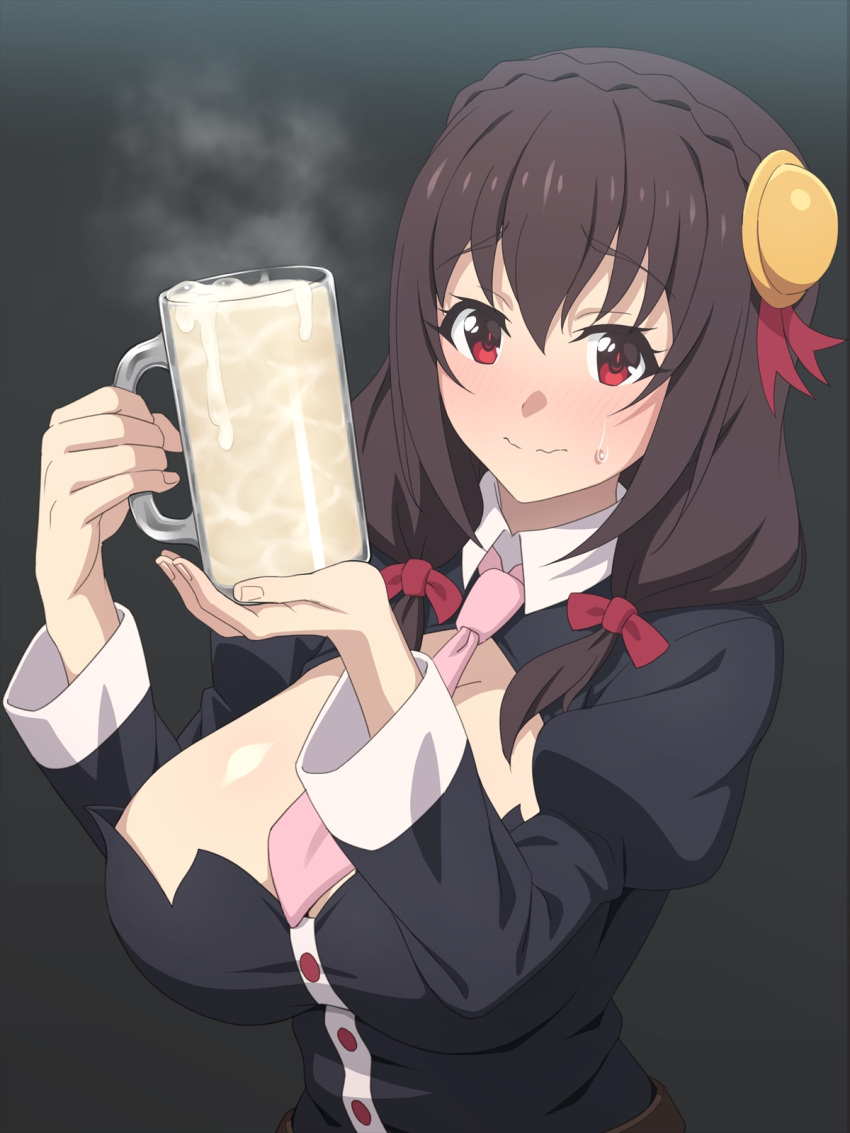 1girl blush bow breasts brown_hair cleavage_cutout clothing_cutout cum cum_in_container cum_in_cup cup drinking_glass hair_between_eyes hair_bow hair_ornament highres kono_subarashii_sekai_ni_bakuen_wo! kono_subarashii_sekai_ni_shukufuku_wo! large_breasts long_hair long_sleeves looking_at_viewer necktie red_eyes ribbon solo tedain yunyun_(konosuba)