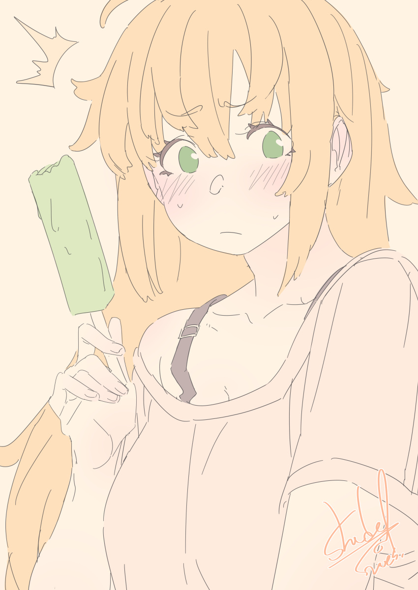 1girl ^^^ absurdres alternate_costume blonde_hair blush bra_strap breasts brown_background brown_shirt casual cleavage closed_mouth food food_bite frown furrowed_brow green_eyes hand_up highres holding holding_food holding_popsicle large_breasts long_hair looking_at_viewer off_shoulder popsicle shade_of_trees shirt short_sleeves sidelocks signature simple_background solo sweat tsurumaki_maki upper_body voiceroid