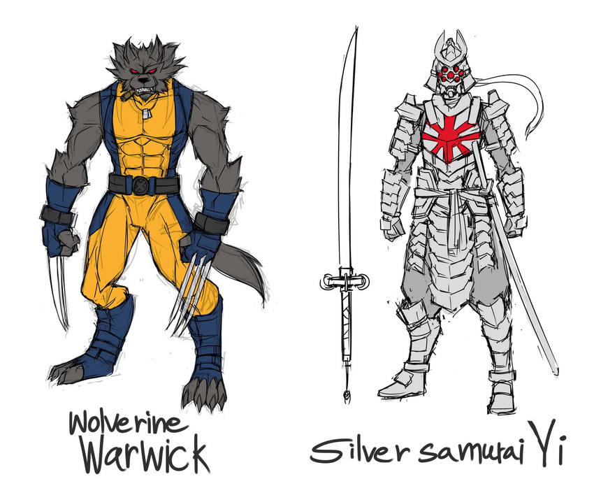 armor character_sheet cigar claws cosplay dog_tags exaxuxer faulds glowing glowing_eyes japanese_armor katana league_of_legends marvel master_yi multiple_boys red_eyes samurai sheath sheathed silver_samurai sketch spandex spoilers sword the_wolverine toeless_legwear warwick weapon werewolf wolverine x-men