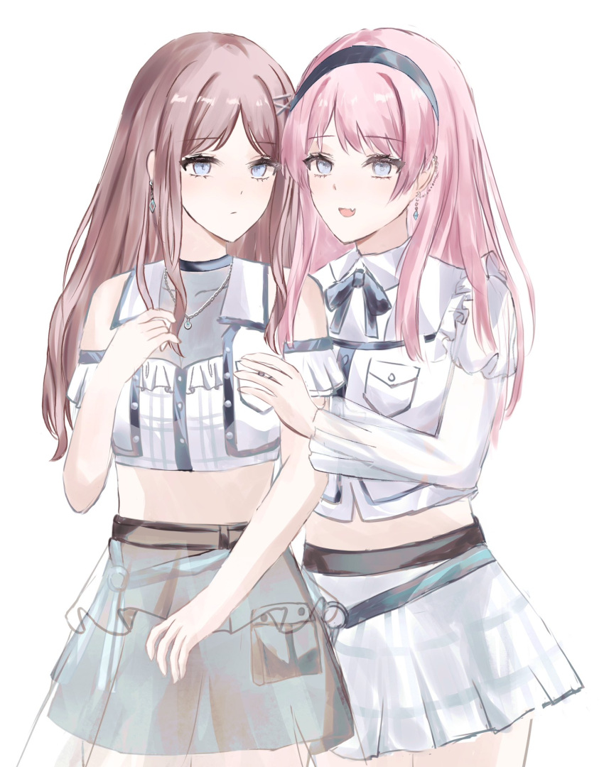 2girls bang_dream! bang_dream!_it's_mygo!!!!! black_hairband black_ribbon blue_eyes breasts brown_hair chihaya_anon cleavage closed_mouth clothing_cutout commentary covered_collarbone cropped_shirt ear_piercing earrings fang grey_eyes hairband hashtag_only_commentary highres jewelry long_hair long_sleeves midriff multiple_girls nagasaki_soyo neck_ribbon open_mouth piercing pink_hair ribbon see-through see-through_cleavage shirt shoulder_cutout sidelocks simple_background skin_fang skirt white_background white_shirt white_skirt yingdaoyicha