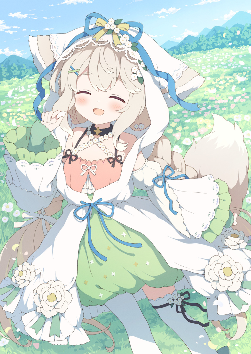 1girl animal_ears asymmetrical_legwear blue_ribbon closed_eyes commission cowboy_shot dress ears_down field flower flower_field fox_ears fox_girl fox_tail hair_ornament highres indie_virtual_youtuber light_brown_hair open_mouth outdoors ribbon sakurada_shiro skeb_commission smile tail tyakomes variant_set x_hair_ornament