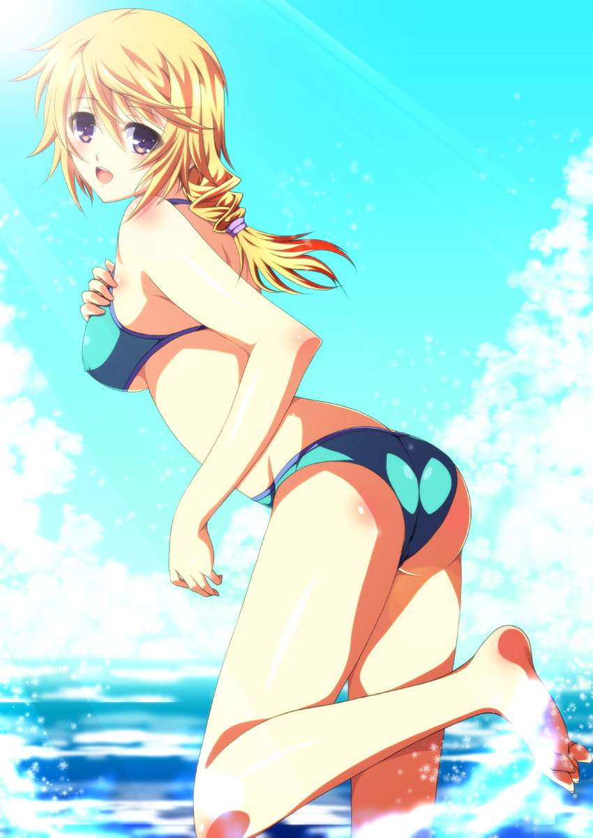 ass barefoot bikini blonde_hair breast_suppress charlotte_dunois highres infinite_stratos ka2 long_hair looking_at_viewer ocean open_mouth ponytail purple_eyes solo swimsuit water