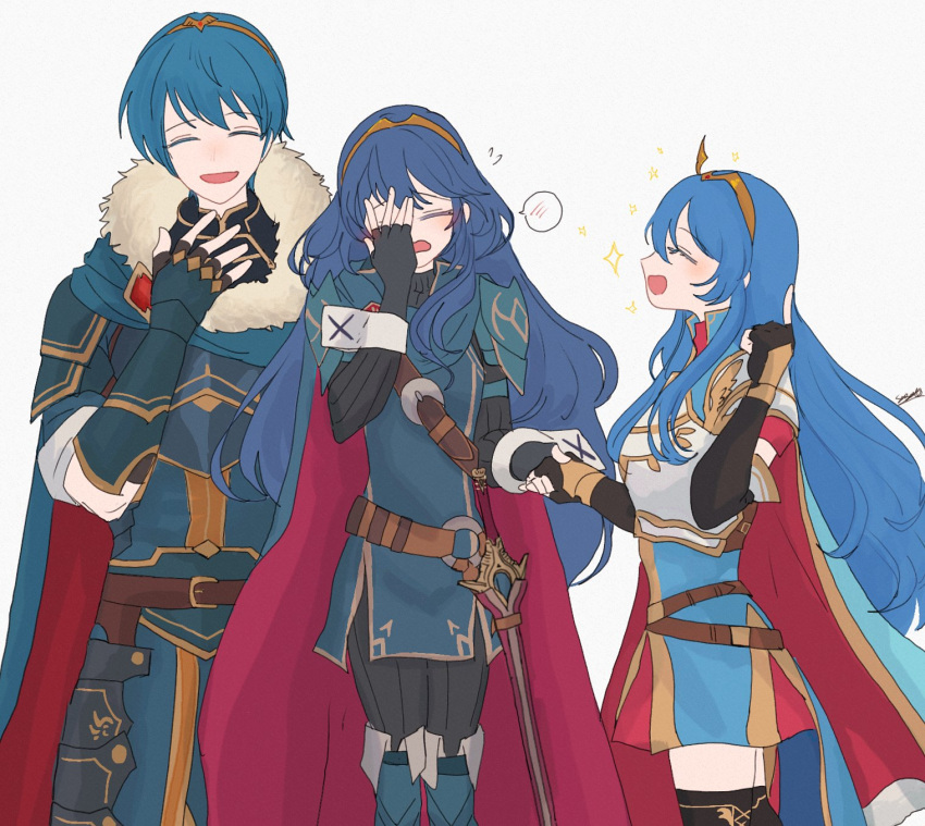 1boy 2girls ancestor_and_descendant armor belt black_gloves blue_cape blue_dress blue_hair breastplate brown_belt caeda_(fire_emblem) caeda_(marth's_faithful)_(fire_emblem) cape closed_eyes dress falchion_(fire_emblem) fingerless_gloves fire_emblem fire_emblem:_mystery_of_the_emblem fire_emblem_awakening fire_emblem_heroes fur_trim gloves hand_on_own_face highres holding_hands index_finger_raised long_hair lucina_(fire_emblem) marth_(fire_emblem) multiple_girls official_alternate_costume open_mouth red_cape sasaki_(dkenpisss) sheath sheathed short_hair shoulder_armor spoken_blush sword tiara two-tone_cape weapon