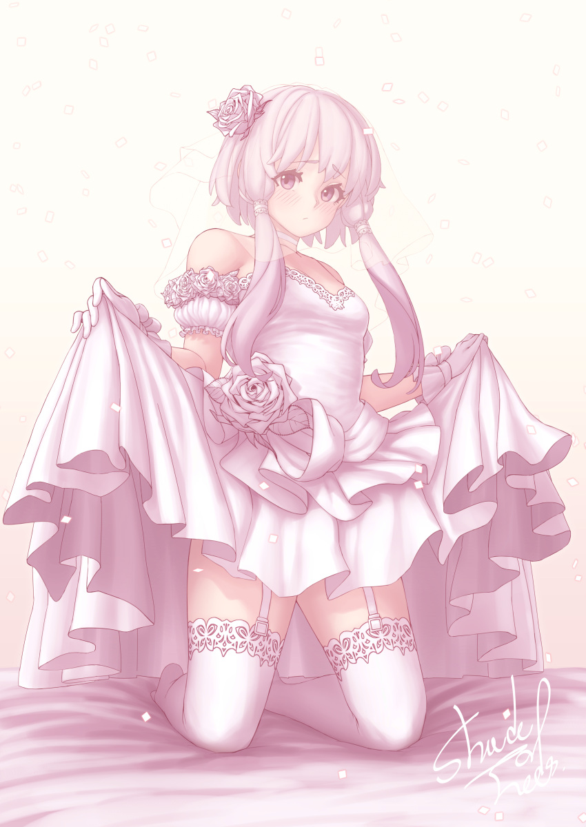 1girl absurdres alternate_costume bare_shoulders blush breasts bridal_veil brown_background closed_mouth confetti detached_sleeves dress dress_flower flower full_body garter_straps gloves hair_flower hair_ornament highres kneeling lace-trimmed_legwear lace_trim long_hair looking_at_viewer medium_breasts puffy_short_sleeves puffy_sleeves purple_eyes purple_hair rose shade_of_trees short_hair_with_long_locks short_sleeves sidelocks signature simple_background skirt_hold solo strapless strapless_dress thighhighs veil vocaloid voiceroid wedding_dress white_dress white_flower white_gloves white_rose white_thighhighs yuzuki_yukari