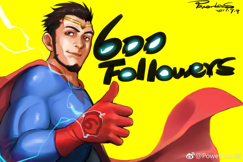 1boy bara beard cape electricity electrokinesis facial_hair full_beard highres large_pectorals male_focus milestone_celebration muscular muscular_male original pectorals powerlesssong short_hair solo thick_eyebrows thumbs_up tiara upper_body