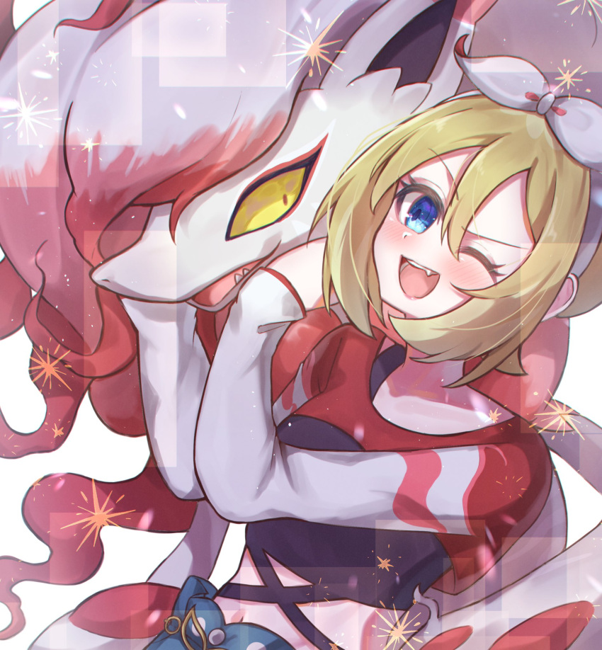 1girl :d blonde_hair blue_eyes bow commentary_request eyelashes hair_between_eyes hair_bow highres hisuian_zoroark irida_(pokemon) irida_(special_costume)_(pokemon) navel one_eye_closed open_mouth pokemon pokemon_(creature) pokemon_masters_ex red_fur sharp_teeth smile sparkle teeth tomu_(adamu_shiny) two-tone_fur white_bow white_fur yellow_eyes