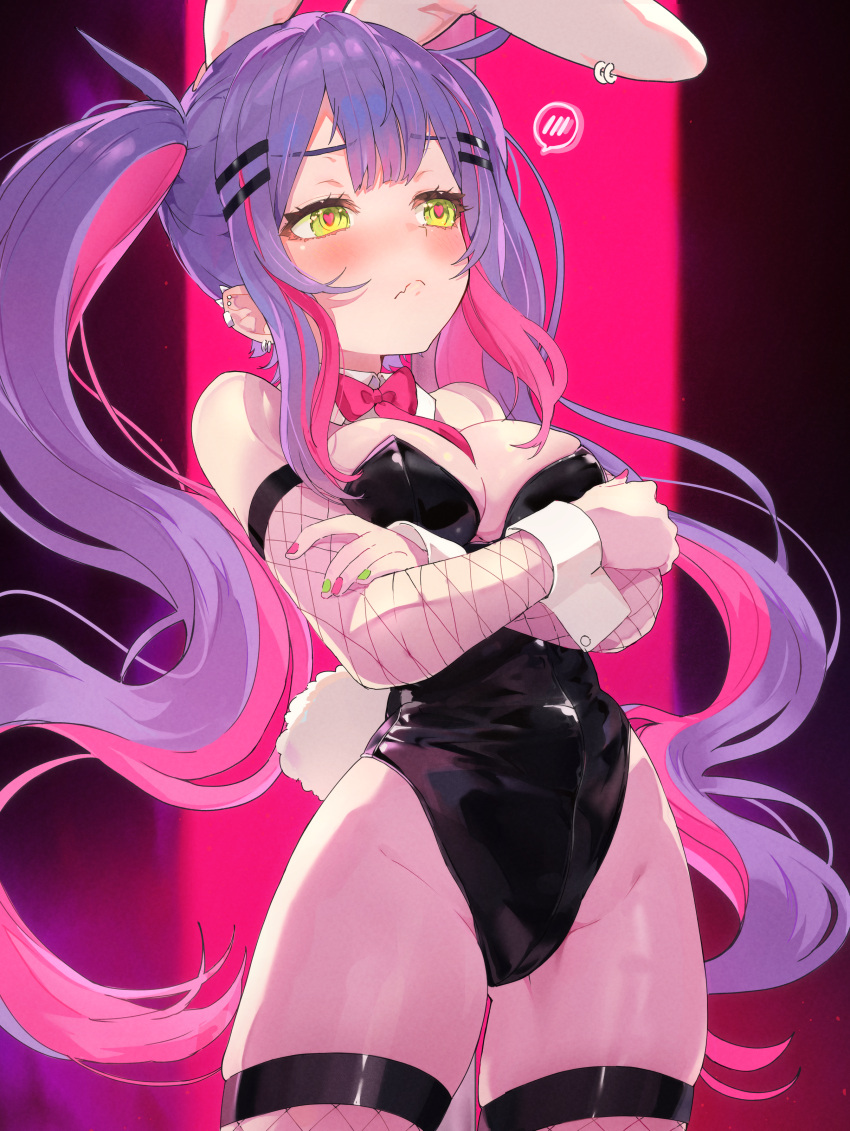 1girl absurdres animal_ears black_leotard bow bowtie breasts crossed_arms detached_collar ear_piercing fang fishnet_thighhighs fishnets green_eyes heart heart-shaped_pupils highres hololive leotard long_hair medium_breasts minus_zero69 multicolored_nails piercing playboy_bunny purple_hair rabbit_ears rabbit_tail skin_fang spoken_blush symbol-shaped_pupils tail thighhighs tokoyami_towa twintails virtual_youtuber wavy_hair wrist_cuffs