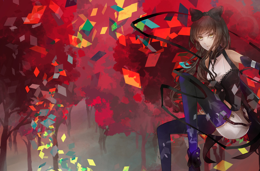 abstract bad_id bad_pixiv_id bare_shoulders black_hair blake_belladonna bow brown_hair cobaltultramarine diamond_(shape) forest garter_straps hair_bow highres knee_up long_hair looking_at_viewer nature outdoors plant rwby scarf short_hair sitting solo thighhighs tree weapon yellow_eyes