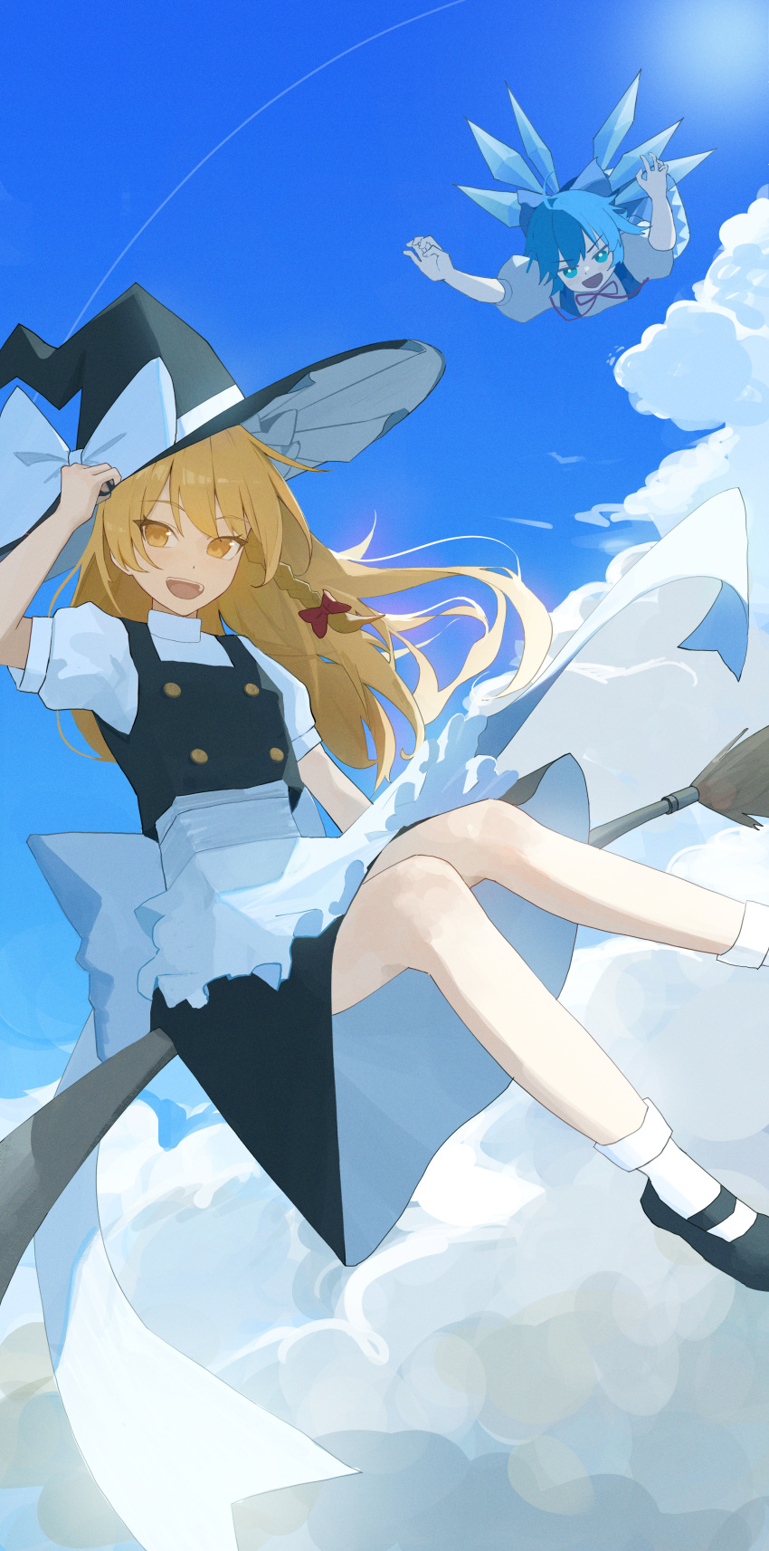 2girls absurdres apron black_footwear black_vest blonde_hair blue_bow blue_dress blue_eyes blue_hair blue_sky bow braid broom broom_riding cirno cloud day detached_wings dress flying hair_bow hand_on_headwear hat hat_bow highres ice ice_wings kirisame_marisa long_hair mary_janes multiple_girls neck_ribbon open_mouth palulap pinafore_dress puffy_short_sleeves puffy_sleeves red_bow red_ribbon ribbon shoes short_hair short_sleeves side_braid single_braid sky sleeveless sleeveless_dress smile socks touhou vest waist_apron white_apron white_bow white_socks wings witch_hat yellow_eyes