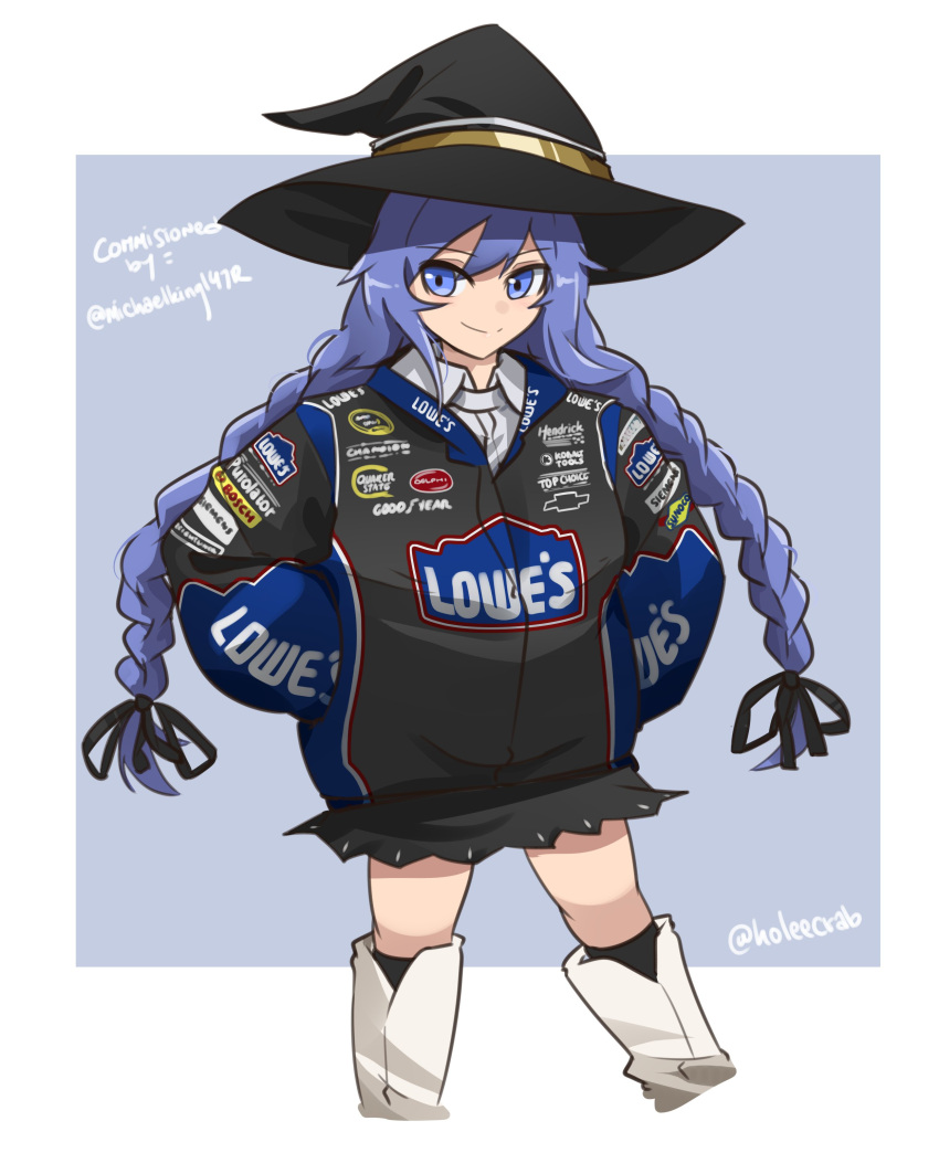 1girl absurdres black_hat black_jacket black_ribbon black_skirt black_socks blue_eyes blue_hair boots braid collared_shirt commission cosplay hair_ribbon hands_in_pockets hat highres holeecrab jacket jimmie_johnson jimmie_johnson_(cosplay) long_hair mushoku_tensei nascar ribbon roxy_migurdia shirt skirt socks solo twin_braids very_long_hair white_footwear white_shirt witch_hat