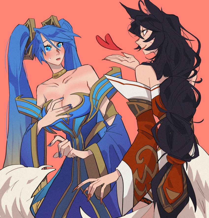 2girls ahri_(league_of_legends) animal_ears bare_shoulders black_hair blue_eyes blue_hair breasts cleavage facial_mark fox_ears fox_girl fox_tail heart highres jiha_(ssa2026b) large_breasts league_of_legends long_hair multiple_girls smile sona_(league_of_legends) tagme tail twintails very_long_hair whisker_markings yuri