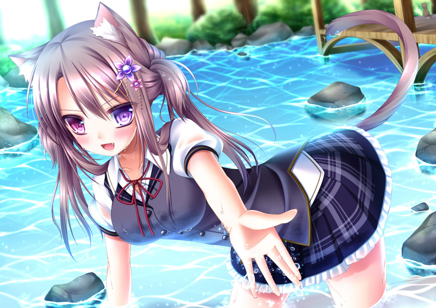:d all_fours animal_ears blush brown_hair fang flower hair_flower hair_ornament heterochromia open_mouth original pink_eyes plaid plaid_skirt purple_eyes school_uniform shitou skirt smile solo standing tail twintails wading water