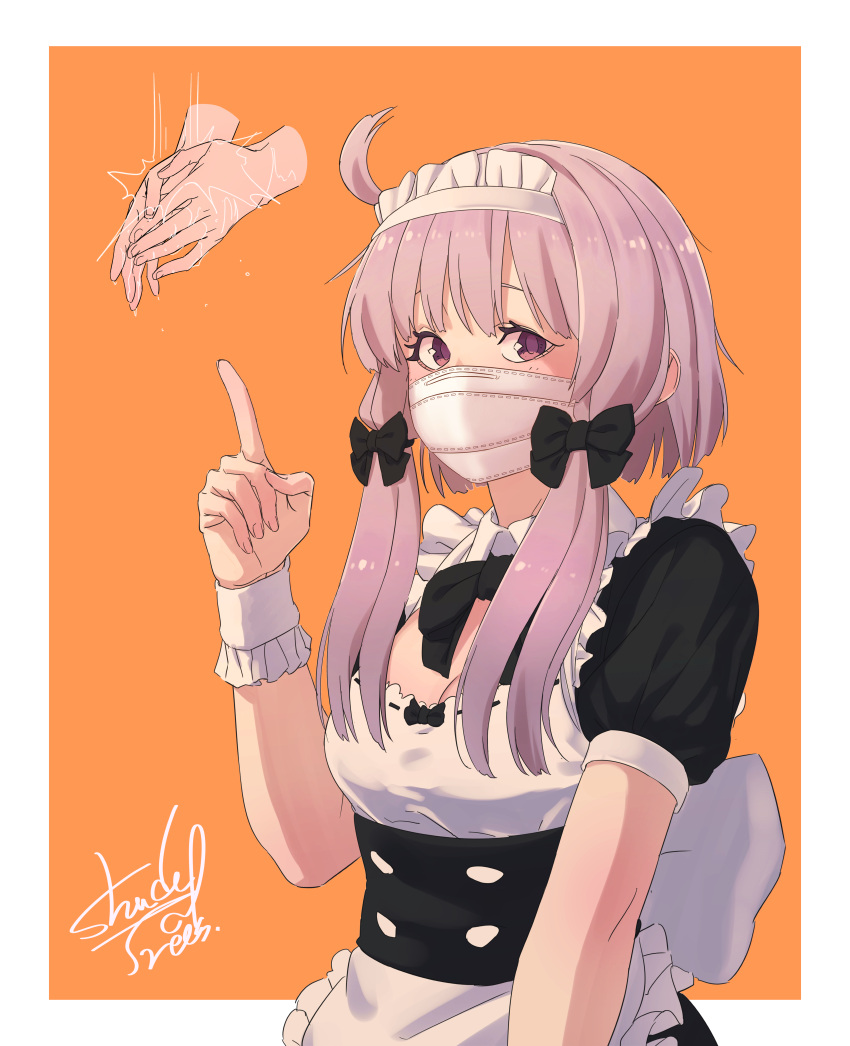 1girl absurdres ahoge alternate_costume black_bow blush border bow breasts cleavage commentary_request corset covered_mouth cowboy_shot disembodied_limb enmaided framed_breasts hair_bow hand_up highres index_finger_raised long_hair looking_at_viewer maid maid_day maid_headdress mask medium_breasts mouth_mask multiple_hair_bows orange_background outside_border puffy_short_sleeves puffy_sleeves purple_eyes purple_hair shade_of_trees short_hair_with_long_locks short_sleeves sidelocks signature simple_background solo surgical_mask underbust vocaloid voiceroid washing_hands white_border wrist_cuffs yuzuki_yukari