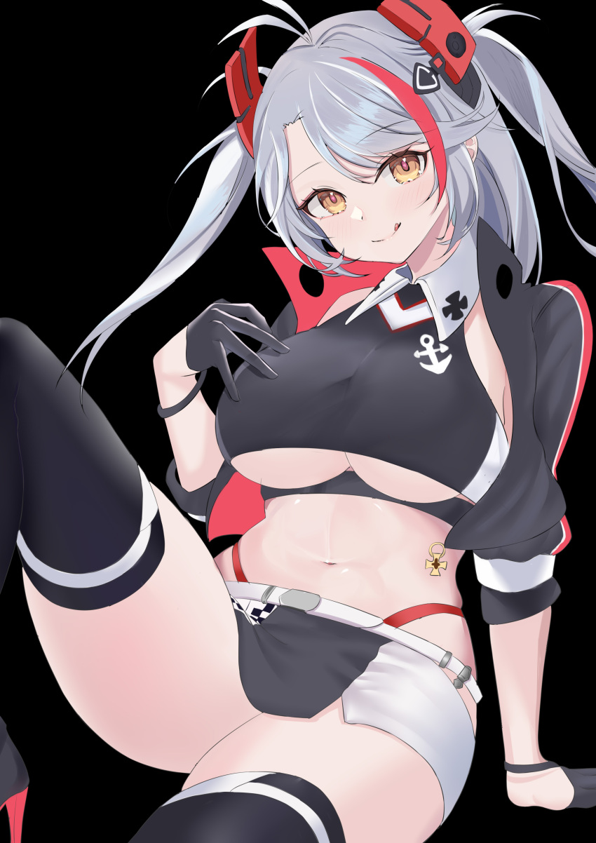1girl absurdres anchor_symbol azur_lane belt black_background breasts checkered_flag clothing_cutout cropped_shirt cross flag gloves grey_hair half_gloves highres hxk8732 iron_cross large_breasts looking_at_viewer miniskirt multicolored_hair official_alternate_costume panties panty_straps prinz_eugen_(azur_lane) prinz_eugen_(final_lap)_(azur_lane) race_queen red_panties simple_background skirt streaked_hair thighhighs thighs tongue tongue_out underboob underboob_cutout underwear white_belt yellow_eyes