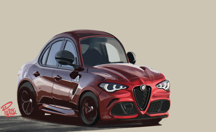 alfa_romeo alfa_romeo_giulia alfa_romeo_giulia_quadrifoglio artist_name brown_background car deformed english_commentary highres motor_vehicle no_humans original shadow vehicle_focus will_pierce