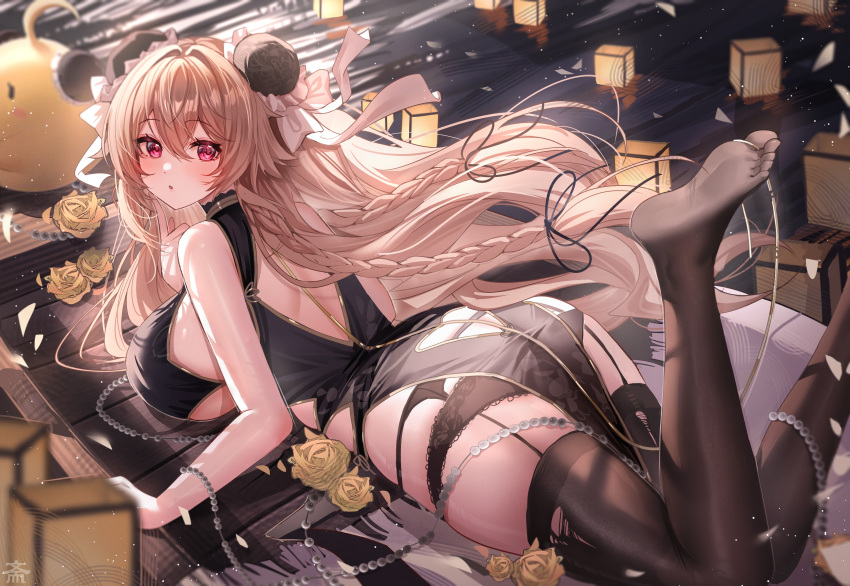 1girl absurdres anchorage_(azur_lane) ass azur_lane bare_arms bare_shoulders black_garter_belt black_garter_straps black_panties black_thighhighs blush breasts brown_hair bun_cover feet flower garter_belt garter_straps hair_ornament highres large_breasts long_hair looking_at_viewer looking_back lying on_stomach open_mouth panties red_eyes soles solo tansuan_(ensj3875) thighhighs thighs torn_clothes torn_thighhighs underwear
