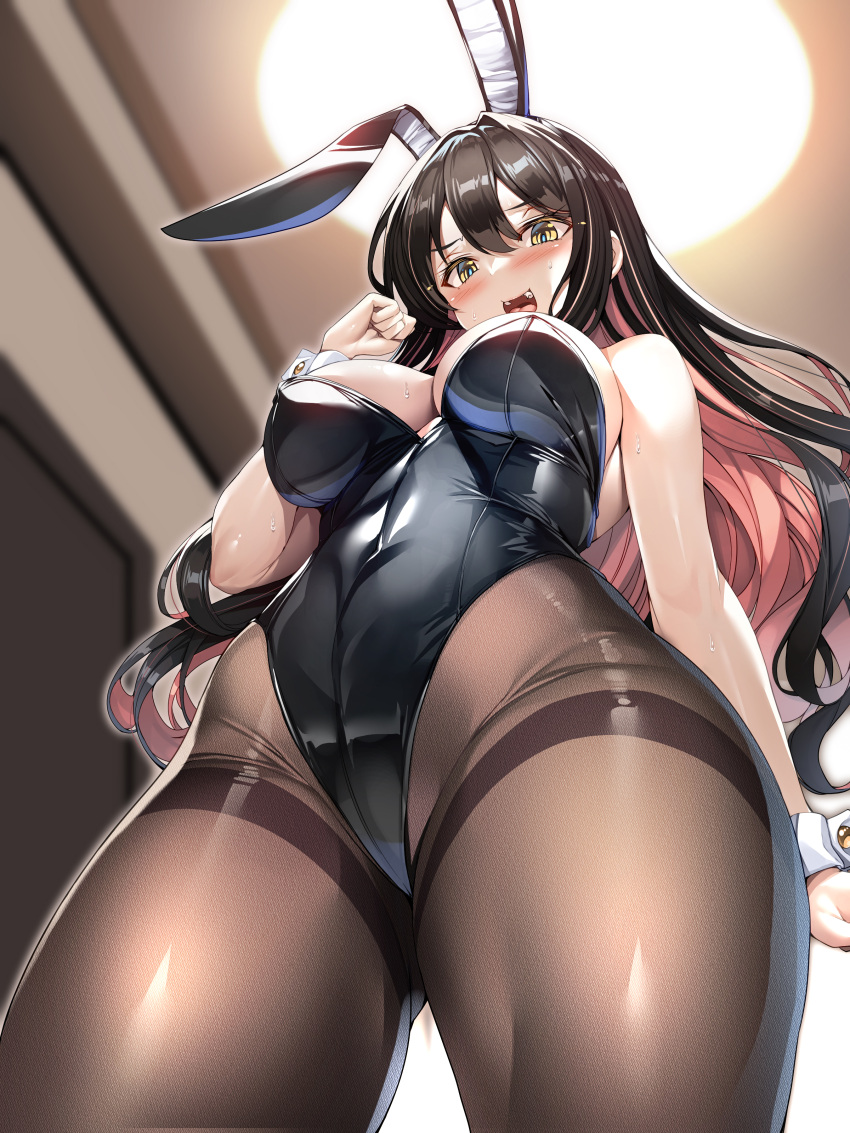 1girl absurdres alternate_costume animal_ears bare_shoulders black_hair black_leotard breasts colored_inner_hair detached_collar fake_animal_ears from_below highres kantai_collection large_breasts leotard long_hair multicolored_hair naganami_(kancolle) open_mouth pantyhose pink_hair playboy_bunny rabbit_ears solo strapless strapless_leotard torisan wrist_cuffs yellow_eyes