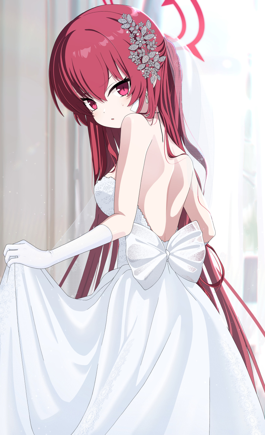 1girl absurdres alternate_costume back blue_archive blush breasts dress earrings gloves hair_between_eyes hair_ornament halo highres jewelry kokolokokomika long_hair looking_at_viewer medium_breasts parted_lips rabu_(blue_archive) red_eyes red_hair red_halo solo strapless strapless_dress wedding_dress white_dress white_gloves