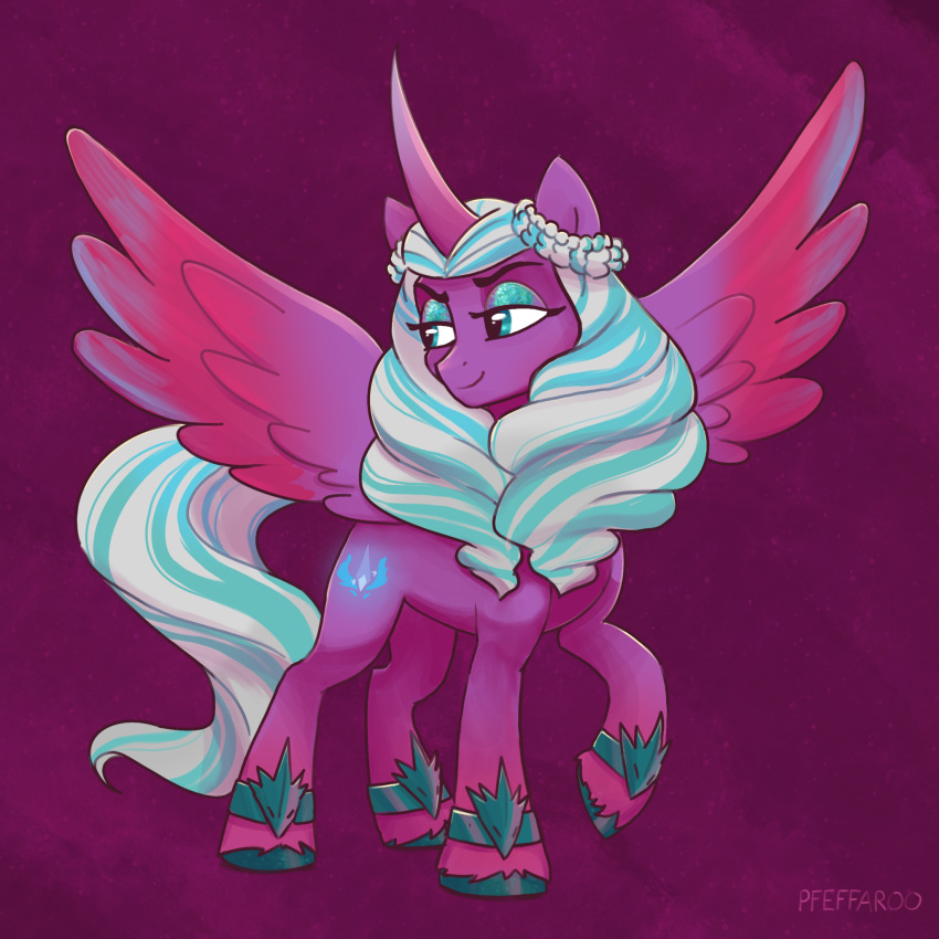 1:1 2023 blue_eyes blue_eyeshadow blue_hair blue_tail braided_hair digital_media_(artwork) equid equine eyeshadow female fur hair hasbro hi_res hooves horn makeup mammal mlp_g5 multicolored_hair my_little_pony mythological_creature mythological_equine mythology opaline_(mlp) pfeffaroo purple_background purple_body purple_fur simple_background solo tail two_tone_hair two_tone_tail white_hair white_tail winged_unicorn wings