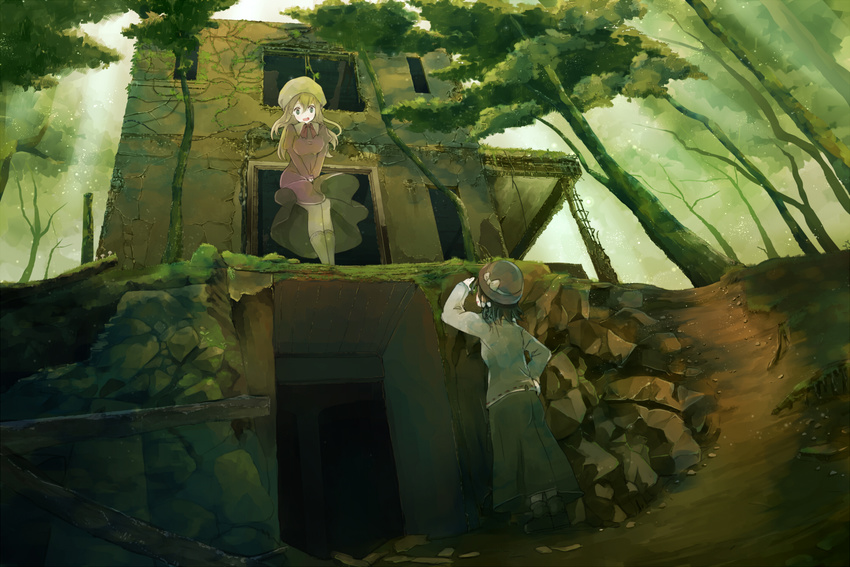 bad_id bad_pixiv_id blonde_hair bow brown_hair commentary covering covering_crotch dress forest hat hat_bow highres kyoto long_hair long_sleeves maribel_hearn multiple_girls nature overgrown path plant purple_dress real_world_location road ruins shirt skirt tokoroten_(hmmuk) touhou tree usami_renko v_arms vines wind wind_lift