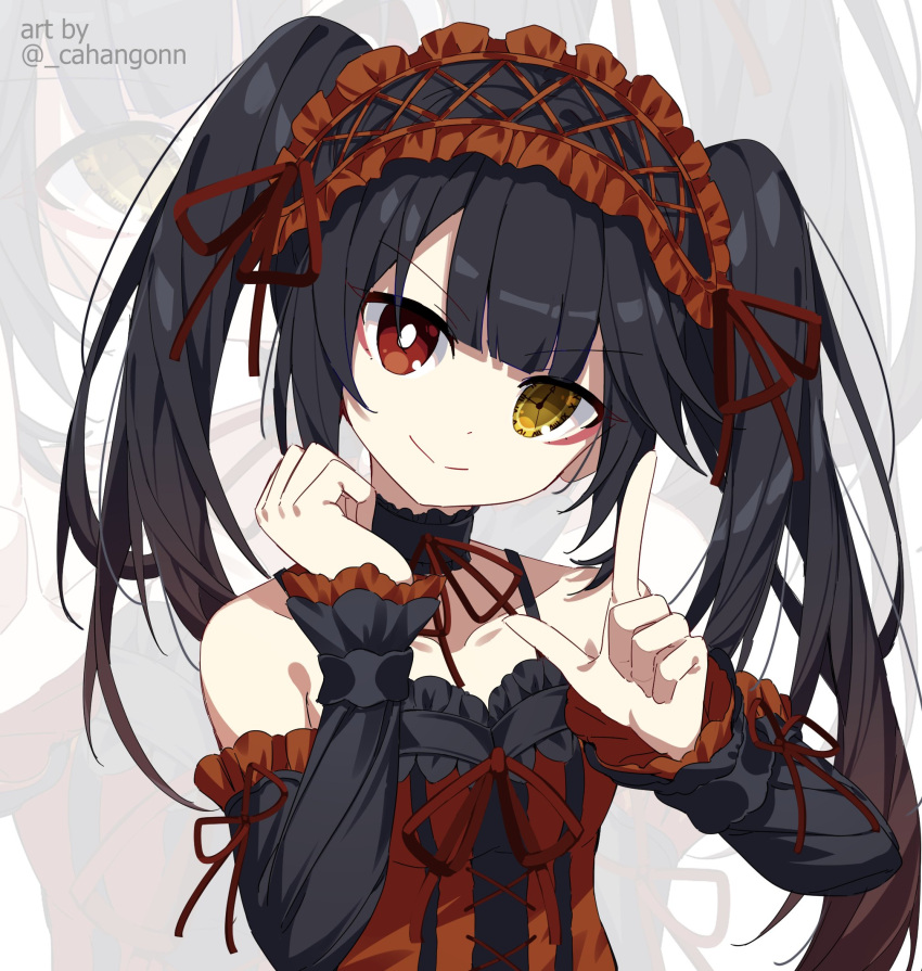 1girl bare_shoulders black_hair clock_eyes commission date_a_live detached_sleeves hairband heterochromia highres lolita_fashion lolita_hairband looking_at_viewer shiroi_ou smile solo symbol-shaped_pupils tokisaki_kurumi twintails twitter_username two-tone_dress upper_body