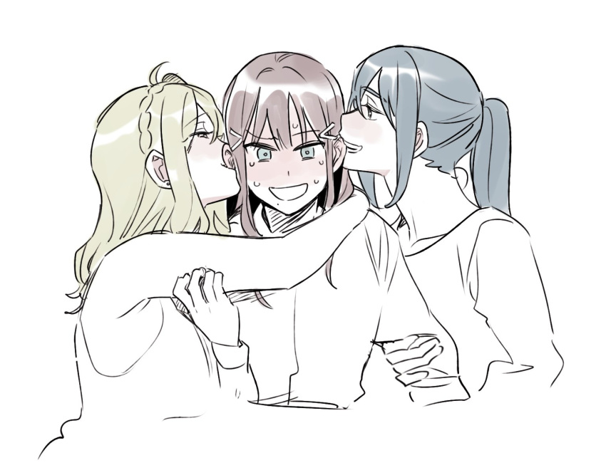 3girls arm_around_neck bare_arms biting black_hair blonde_hair blue_eyes blue_hair blush braid commentary_request crown_braid ear_biting half-closed_eyes hand_on_another's_arm korean_commentary kurosawa_dia long_hair long_sleeves love_live! love_live!_sunshine!! matsuura_kanan multiple_girls ohara_mari open_mouth partially_colored pito_(sh02327) ponytail shirt simple_background sleeveless sleeveless_shirt smile sweat upper_body white_background yuri