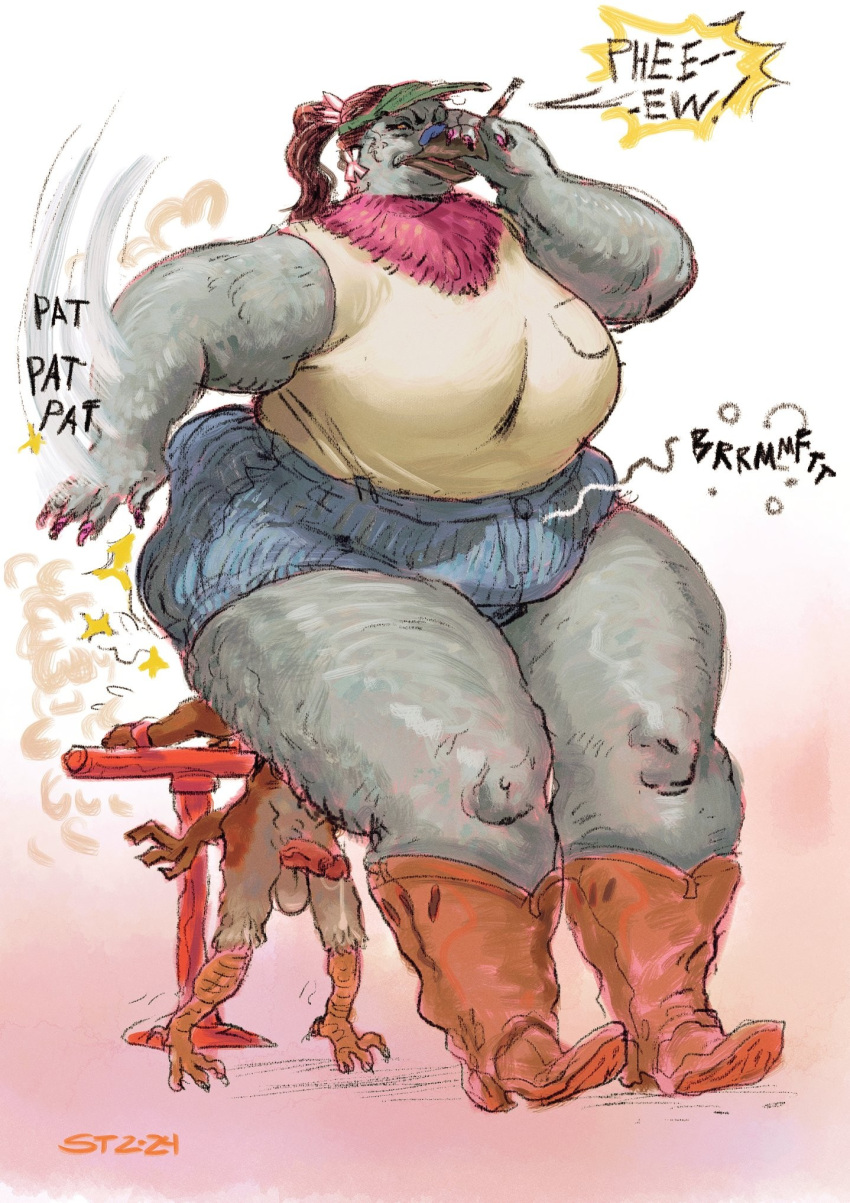 2024 anthro avian bdsm beak beak_open big_breasts big_butt bird bodily_fluids bondage boots bottomwear bound brachiosass breasts brown_hair butt butt_slap clothed clothed/nude clothed_female_nude_male clothing columbid cowboy_boots cutoffs denim denim_bottomwear denim_clothing digital_drawing_(artwork) digital_media_(artwork) dominant dominant_female dripping duo ear_piercing ear_ring erection fart fart_torture farting_on_another farting_on_face feathers female footwear genital_fluids genitals grey_body hair hand_on_beak hat headgear headwear hi_res jess_(character) larger_female male male/female neck_tuft nude overweight overweight_female penis piercing pigeon ponytail precum precum_drip ring_piercing shirt shorts signature size_difference slap sound_effects spanking speech_bubble t-shirt thick_thighs topwear tuft visor_cap wide_hips