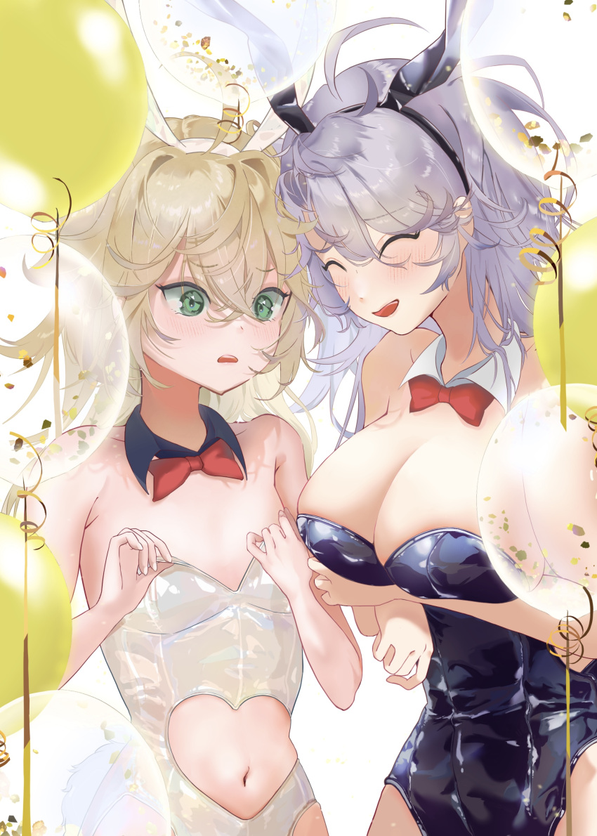 2girls absurdres admiral_hipper_(azur_lane) alternate_costume alternate_hairstyle animal_ears azur_lane bare_shoulders black_leotard blonde_hair bow bowtie breast_envy breasts cleavage closed_eyes clothing_cutout detached_collar fake_animal_ears flat_chest green_eyes grey_hair heart_cutout highres large_breasts leotard long_hair multiple_girls playboy_bunny prinz_eugen_(azur_lane) rabbit_ears red_bow red_bowtie simple_background stomach_cutout strapless strapless_leotard user_murasaki white_background white_leotard wrist_cuffs