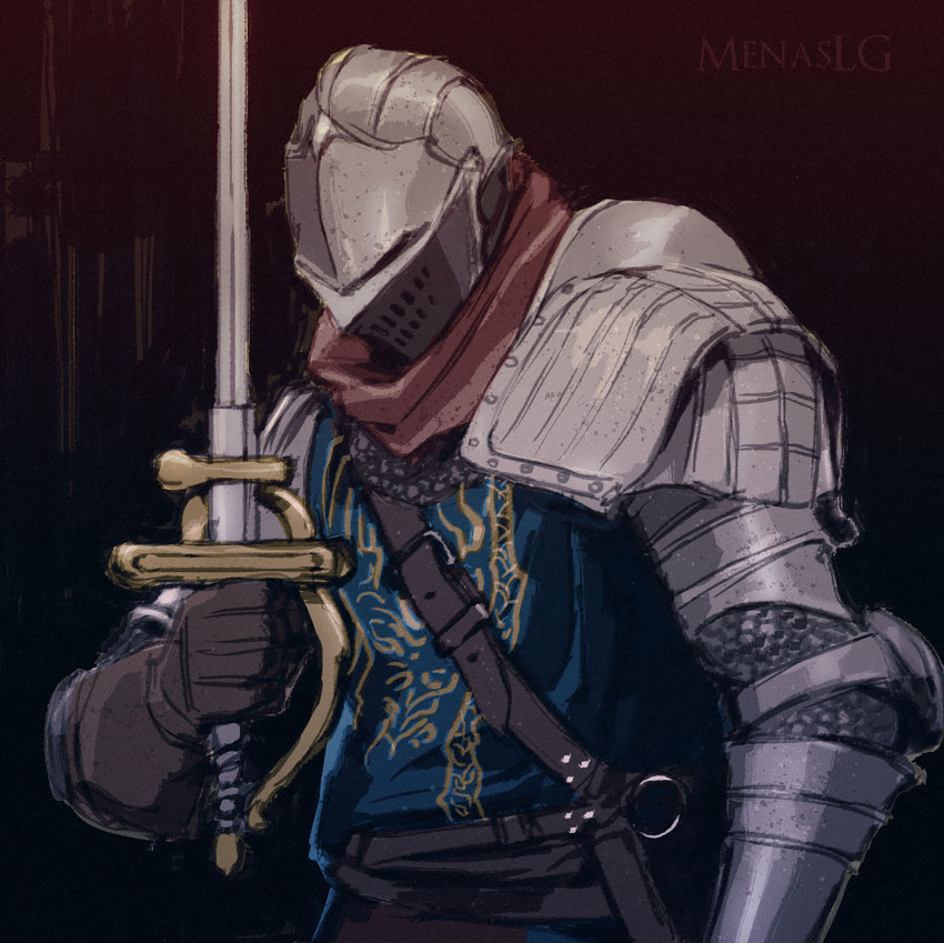 1boy armor artist_name belt brown_belt brown_gloves commentary dark_background dark_souls_(series) dark_souls_i english_commentary gloves head_down helm helmet highres holding holding_sword holding_weapon male_focus menaslg pauldrons rapier red_scarf scarf shoulder_armor simple_background single_pauldron solo sword tabard undead_prince_ricard upper_body vambraces weapon