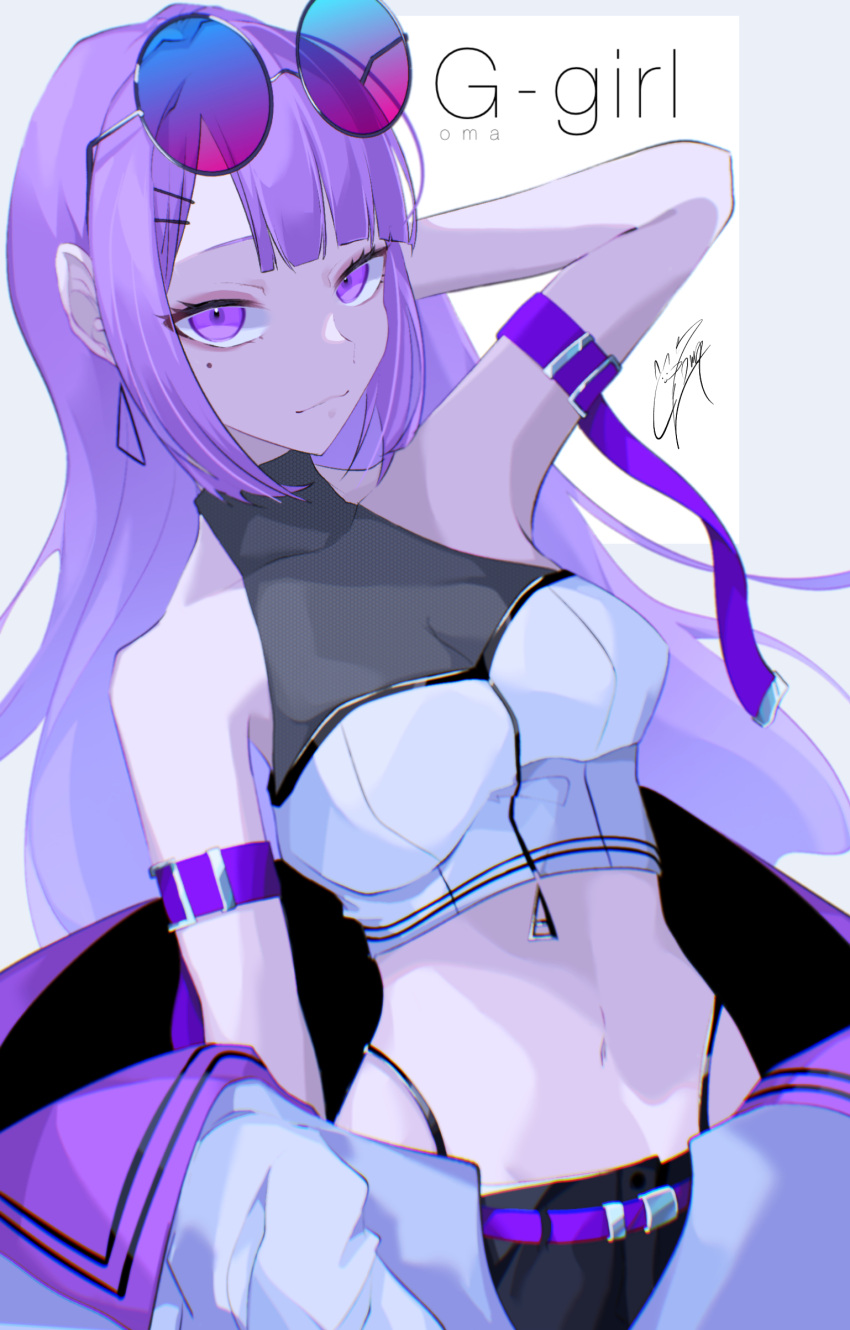 1girl absurdres crop_top earrings english_text eyewear_on_head goma_irasuto highres jacket jewelry looking_at_viewer mole mole_under_eye open_clothes open_jacket original purple_eyes purple_hair purple_theme signature sunglasses triangle_earrings