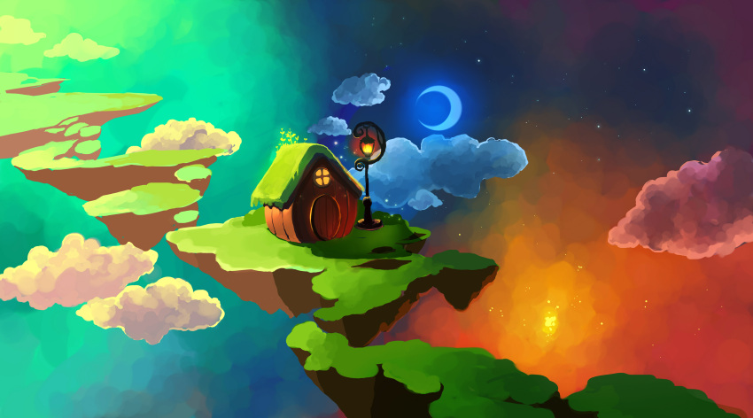 absurdres blue_sky chibionpu cloud commentary crescent_moon day door english_commentary floating_island highres house lamppost moon night no_humans original outdoors scenery sky star_(sky) starry_sky sunlight surreal twilight window