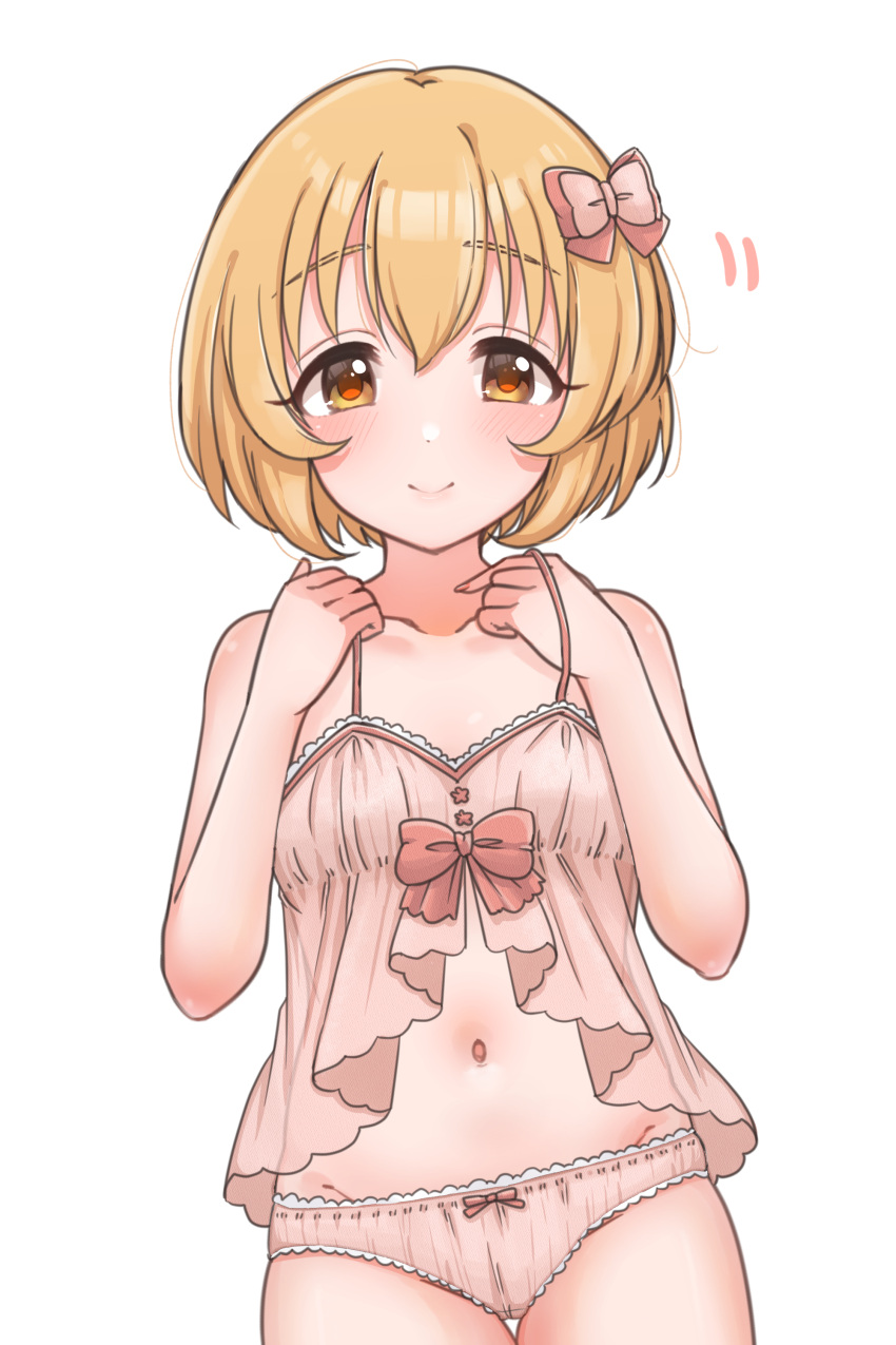 1girl absurdres babydoll bare_shoulders blush bow brown_eyes brown_hair closed_mouth collarbone dot_nose flat_chest hair_bow hair_ribbon hands_up highres idolmaster idolmaster_cinderella_girls idolmaster_cinderella_girls_starlight_stage koga_koharu looking_at_viewer mariabowl midriff motion_lines navel panties pink_babydoll pink_bow pink_panties pink_ribbon ribbon short_hair simple_background smile solo underwear underwear_only white_background