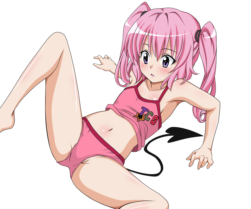 absurdres barefoot bikini blush colorized highres long_hair lying nana_asta_deviluke navel on_back pink_hair purple_eyes solo spread_legs swimsuit tail to_love-ru twintails vector_trace