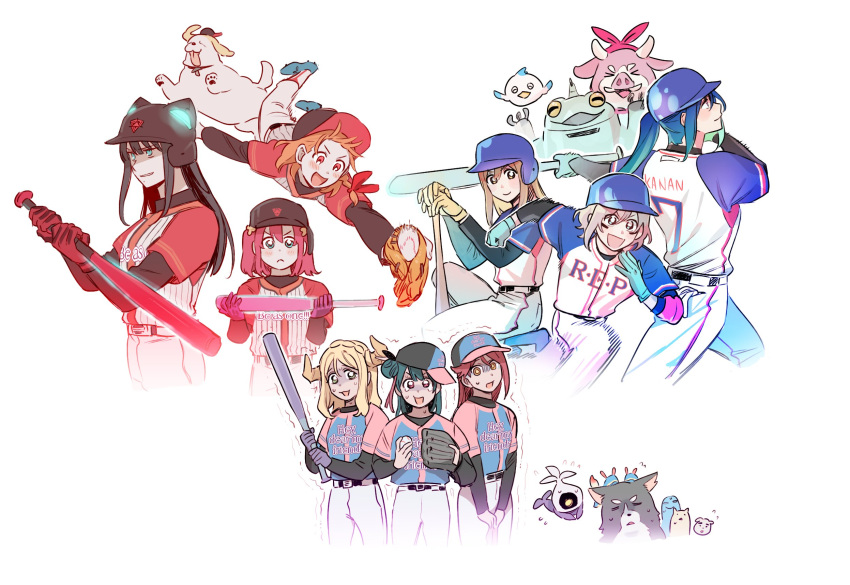 6+girls animal_ear_headwear baseball baseball_bat baseball_cap baseball_helmet baseball_mitt baseball_uniform black_hair black_shirt blonde_hair blue_eyes blue_gloves blue_hair blue_shirt blush braid brown_eyes brown_hair character_request cleats closed_mouth commentary crown_braid english_commentary genjitsu_no_yohane gloves green_eyes grey_hair hair_bun hair_ribbon hat helmet highres holding holding_baseball_bat horns kunikida_hanamaru kurosawa_dia kurosawa_ruby layered_sleeves long_hair long_sleeves love_live! love_live!_sunshine!! matsuura_kanan medium_hair midair mole mole_under_mouth multiple_girls ohara_mari open_mouth orange_eyes pants parted_lips pink_shirt pito_(sh02327) ponytail purple_gloves red_eyes red_gloves red_hair red_ribbon red_shirt ribbon sakurauchi_riko shiitake_(love_live!_sunshine!!) shirt shirt_tucked_in short_over_long_sleeves short_sleeves simple_background single_side_bun smile sportswear striped_clothes striped_shirt sweat takami_chika trembling tsushima_yoshiko twintails two-tone_shirt undershirt v-shaped_eyebrows watanabe_you water white_background white_pants white_shirt yellow_eyes