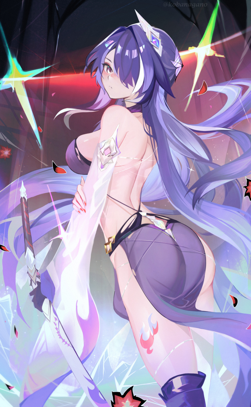 1girl acheron_(honkai:_star_rail) ass bare_back bare_shoulders black_gloves blue_skirt breasts commentary cowboy_shot detached_sleeves gloves hair_intakes hair_ornament hair_over_one_eye highres honkai:_star_rail honkai_(series) kou_(kobanagano) large_breasts leg_tattoo long_hair long_sleeves looking_at_viewer purple_eyes purple_hair scabbard sheath skirt solo standing tattoo thighs very_long_hair