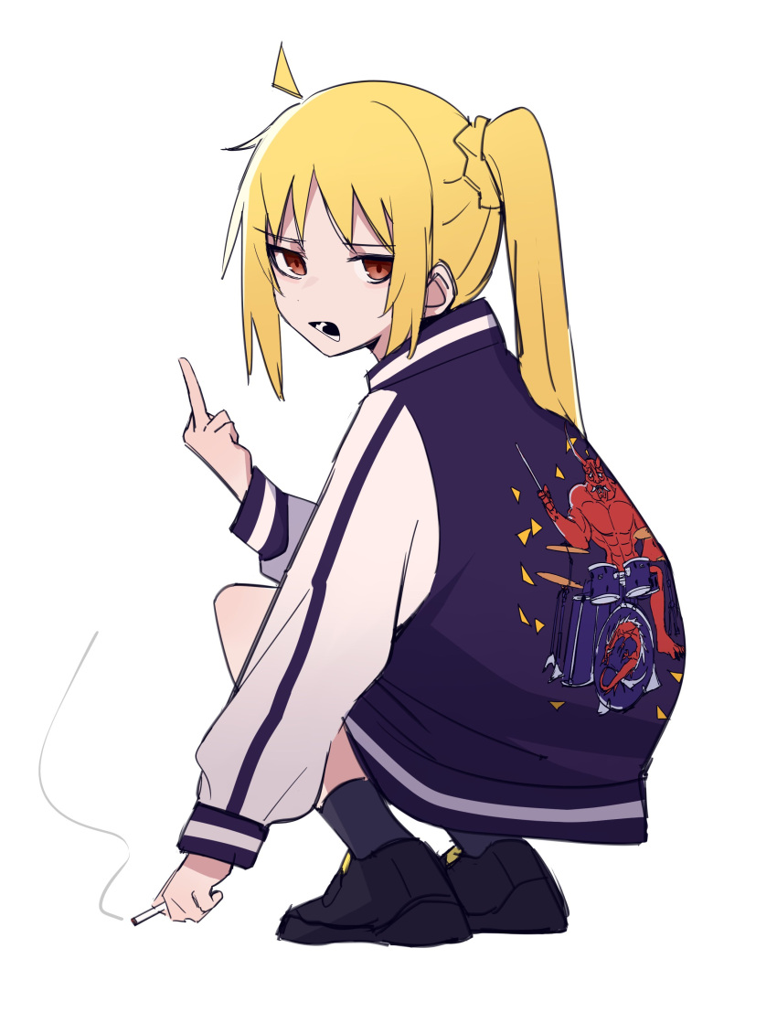 1girl absurdres ahoge alternate_costume black_footwear black_jacket black_socks blonde_hair bocchi_the_rock! cigarette commentary haskyyyyy1 highres holding holding_cigarette ijichi_nijika jacket long_hair middle_finger open_mouth shoes side_ponytail socks solo squatting symbol-only_commentary white_background