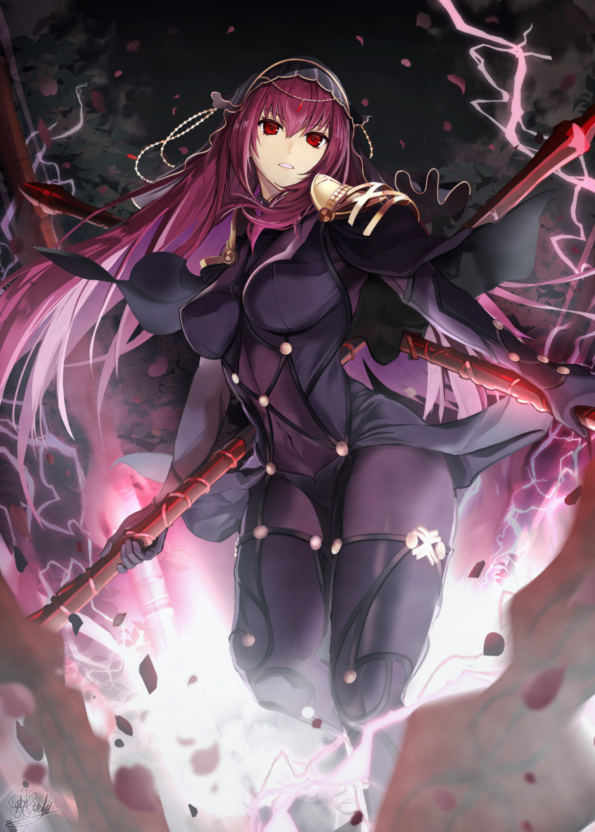 1girl absurdres armor bodysuit breasts fate/grand_order fate_(series) gae_bolg_(fate) highres holding holding_polearm holding_weapon impossible_bodysuit impossible_clothes kometsuburice long_hair polearm purple_hair red_eyes scathach_(fate) shoulder_armor solo weapon